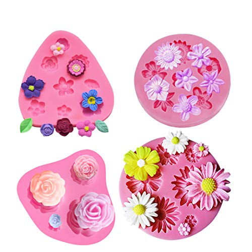 iSuperb 4 Stück Blumen Kuchen Fondant Formen,Silikon Backform,Flower Fondant Cake Molds für Kuchendekoration, Rosenblüten, für Seife, Süßigkeiten, Schokoladeneis (4 Pack) von iSuperb