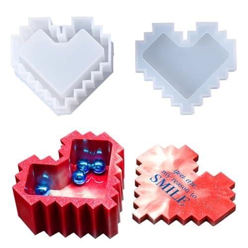 iSuperb Silikonform Epoxidharz Herz Dose mit Deckel Resin Form Pixel Schale Harzform Aufbewahrungsbox Gießform Resin Schmuckschatulle Resin Mold Für Bastelbox DIY (Jewelry Box Mold) von iSuperb