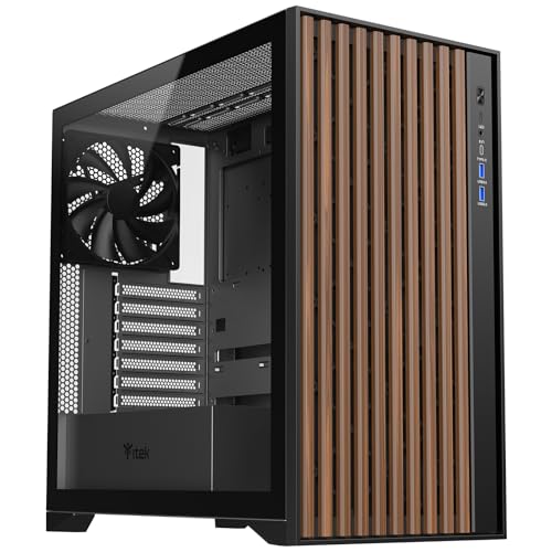 Itek Gehäuse Woody – Gaming Tower – ATX – 3x14cm Schwarze Lüfter – 2X USB 3.0 – Type-C – Front aus Holz – Seitenteil aus gehärtetem Glas von iTek