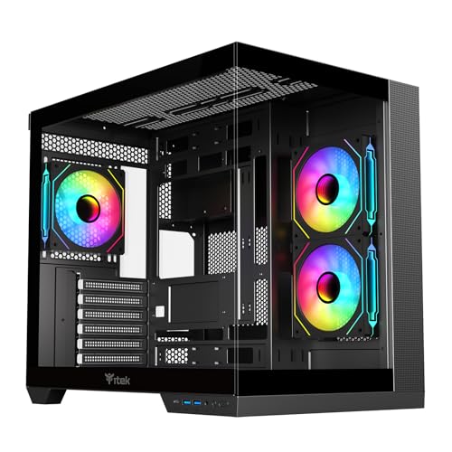 Itek Gehäuse Dark CAVE DS – Gaming Tower – ATX – 3x12cm ARGB-Lüfter – 2X USB 3.0 – Type-C – Seiten- & Frontpanel aus gehärtetem Glas von iTek