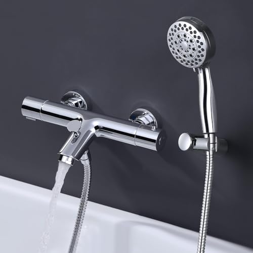 iVIGA Badewannenarmatur mit Handbrause 5 Funktionen, Badewannenarmatur mit Thermostat aus Kupfer mit 38℃ Verbrühschutz für Badewanne Bad inkl. Wandhalterung und 150cm Brauseschlauch aus Edelstahl von IVIGA