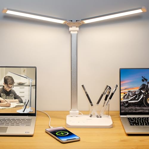 iVict Dual Swing Arm LED Schreibtischlampe, 5-Modi Touch Control Helligkeitsstufen Schreibtischlicht mit 45-Minuten Auto-Off Timer, USB-Ladeanschluss, Speicherfunktion, Stifthalter für Büro von iVict