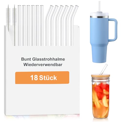 18 Stück 12inch glasstrohhalme lang für Stanley Adventure Quencher Tasse 40/30oz, 6 Lange Geraden Glasstrohhalme, 12 gebogenem Trinkhalme für Saft (mit 2 bürsten) von iVokfat