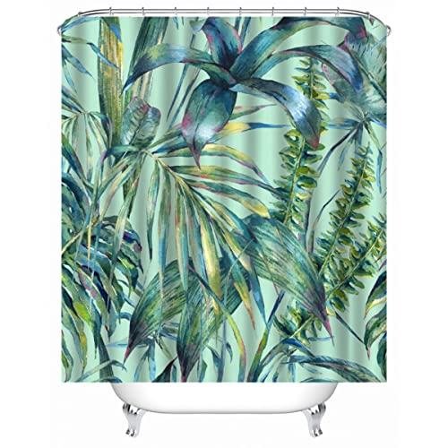 3D Tropisch Blätter Duschvorhang Anti-Schimmel Wasserdicht Duschvorhänge 180x200 cm Dschungel Shower Curtain 100% Polyester Stoff Anti-Bakteriell Badvorhang mit 12 Hooks für Badezimmer Badewanne von iYoucase