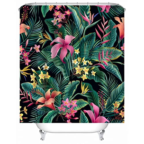 3D Tropisch Blätter Duschvorhang Anti-Schimmel Wasserdicht Duschvorhänge 240x200 cm Blumen Shower Curtain 100% Polyester Stoff Anti-Bakteriell Badvorhang mit 12 Hooks für Badezimmer Badewanne von iYoucase