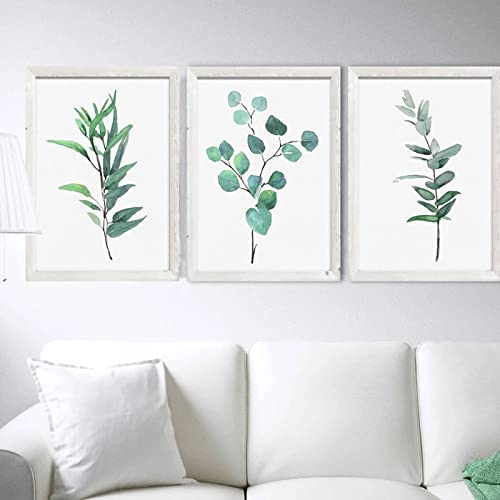 Skandinavische Eukalyptus-Poster Kunstdruckset 3 grüne botanische Wand Bilder Leinwandbild minimalistisches Aquarellbild Schlafzimmerdekoration 30 x 50 cm x 3 ungerahmt von iYoucase