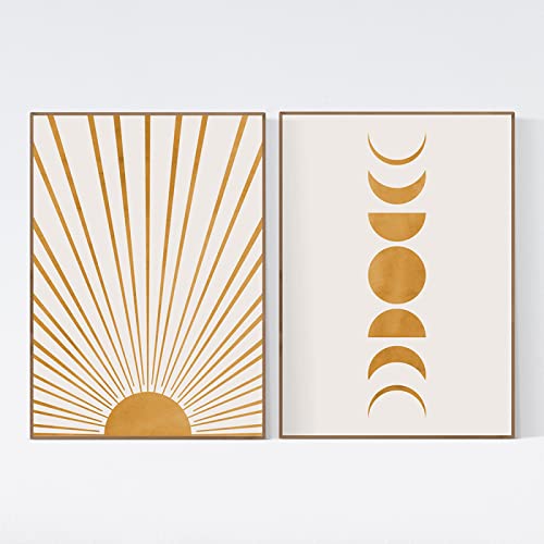 iYoucase Sonne und Mond Wand Bilder Gelb Beige Boho abstrakt Leinwand Gemälde Mid-Century-Poster minimalistisch Bilder Heimdekoration 50 x 70 cm x 2 ungerahmt von iYoucase