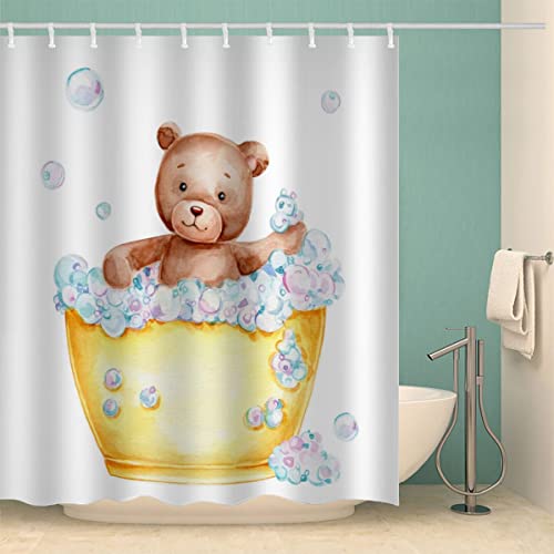 iYoucase 3D Cartoon-Bär Duschvorhang Anti-Schimmel Wasserdicht Duschvorhänge 180x180 cm Wanne Shower Curtain 100% Polyester Stoff Anti-Bakteriell Badvorhang mit 12 Hooks für Badezimmer Badewanne von iYoucase