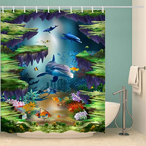 iYoucase 3D Motiv Delfin Duschvorhang Anti-Schimmel Wasserdicht Duschvorhänge 120x180 cm Ozean Shower Curtain 100% Polyester Stoff Anti-Bakteriell Badvorhang mit 12 Hooks für Badezimmer Badewanne von iYoucase