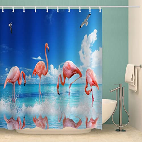 iYoucase 3D Motiv Flamingo Duschvorhang Anti-Schimmel Wasserdicht Duschvorhänge 120x180 cm Ozean Shower Curtain 100% Polyester Stoff Anti-Bakteriell Badvorhang mit 12 Hooks für Badezimmer Badewanne von iYoucase
