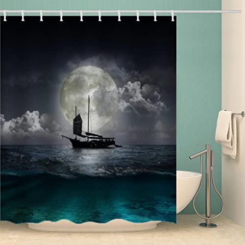 iYoucase 3D Motiv Ozean Duschvorhang Anti-Schimmel Wasserdicht Duschvorhänge 240x200 cm Mond Shower Curtain 100% Polyester Stoff Anti-Bakteriell Badvorhang mit 12 Hooks für Badezimmer Badewanne von iYoucase