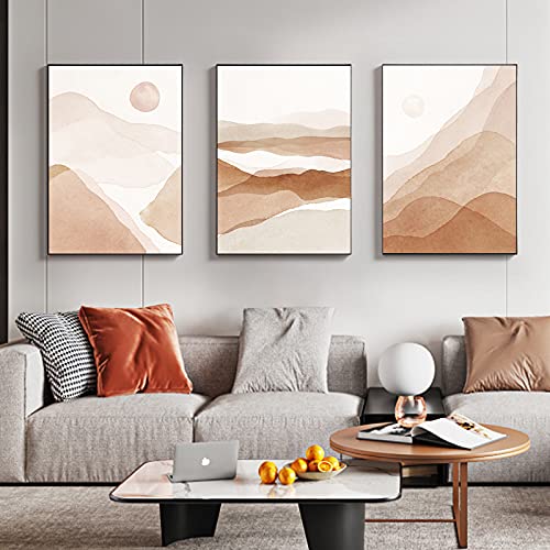 iYoucase Abstrakte beige Sonnenlinie Berg Leinwand Wand Bilder minimalistisch Posterdrucke nordische Leinwand Bild Wandbilder Wohnzimmer Dekor 60 x 80 cm x 3 ungerahmt von iYoucase