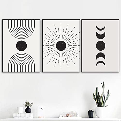 iYoucase Sonne Illustration Poster Abstrakte Linien Bilderdruckdruck Mond Mid Century Wand Bilder Boho Schwarz Weiß Leinwand Bild Bilder Für Wohnzimmer 50x70cmx3 Ungerahmt von iYoucase