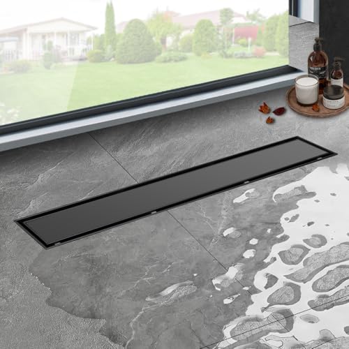 iYueMps Duschrinne schwarz 80cm Edelstahl Bodenablauf 2-in-1 doppelseitig, Flieseneinsatz Ablaufrinne,schnelle Entwässerung, mit Geruchsstopp und Haarfilter von iYueMps