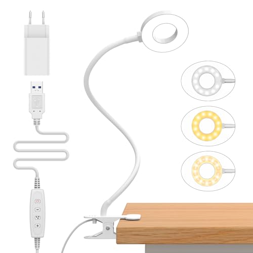 iZELL 23 LED Leselampe Bett Dimmbar -【3 Modi & 10 Helligkeitsstufen】 Augenschutz Klemmlampe mit 70cm Flexiblem Schwanenhals, Buchlampe, Schreibtischlampe mit 10W USB-Ladegerät, Weiß von iZELL