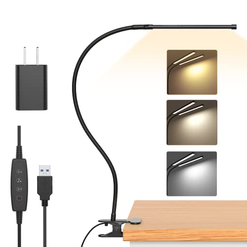 iZELL 77 LED Schreibtischlampe Dimmbar - 【3 Farbtemperaturen & 10 Helligkeitsstufen】 40cm Flexiblem Schwanenhals mit USB-Ladegerät, Klemmleuchte, Bürolampe, Arbeitslampe für Home Office/Büro von iZELL