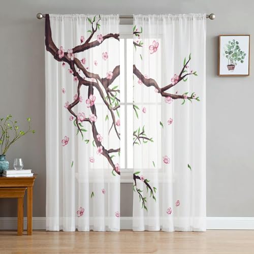 iapp CL-1 Vorhang,Cherry Blossoms Flowers Leaves Branches Tulle Curtain Transparent for Bedroom Living Room Kitchen Sheer Window Curtains von iapp