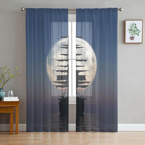 iapp CL-1 Vorhang,Full Moon Sea Boat Shadow Window Treatment Tulle Modern Sheer Curtains for Kitchen Living Room The Bedroom Curtains Decoration von iapp