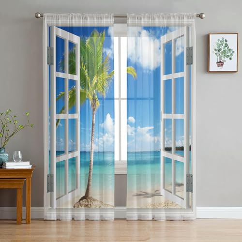 iapp CL-1 Vorhang,Window Sea View Coconut Tree Beach Tulle Sheer Window Curtains for Living Room Kitchen Children Bedroom Hanging Curtain von iapp