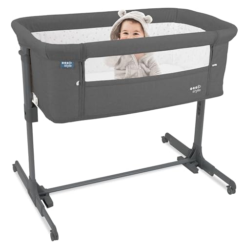 ib style Aluna 3in1 Beistellbett, Babybett, Zustellbett, weiche Matratze, 5-Fach Höhenverstellbar, Reisebett mit Tasche, Kinderbett mit Rollen, Wiege, für Zuhause und Unterwegs - Dunkel Grau von ib style