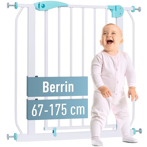 ib style® Berrin ! PREISSIEGER ! Treppengitter 67-175cm | Türschutzgitter | Ohne Bohren | 90° Stop | Auto-Close | Weiß- türkis |85-95 cm von ib style