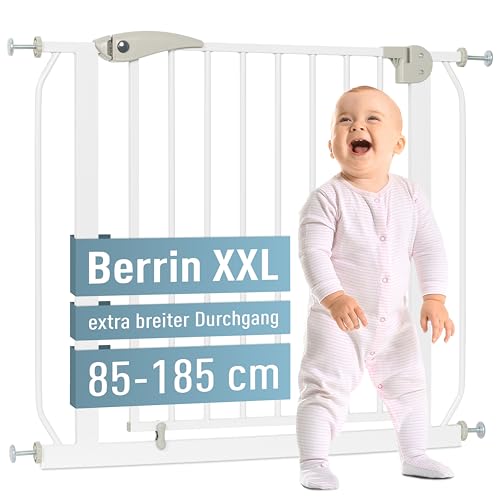 ib style Türschutzgitter Berrin XXL 85-185 - Extra breiter Durchgang, Treppenschutzgitter für Babys, Kleinkinder Schutzgitter, Ohne Bohren, 105-115 cm, Weiß von ib style