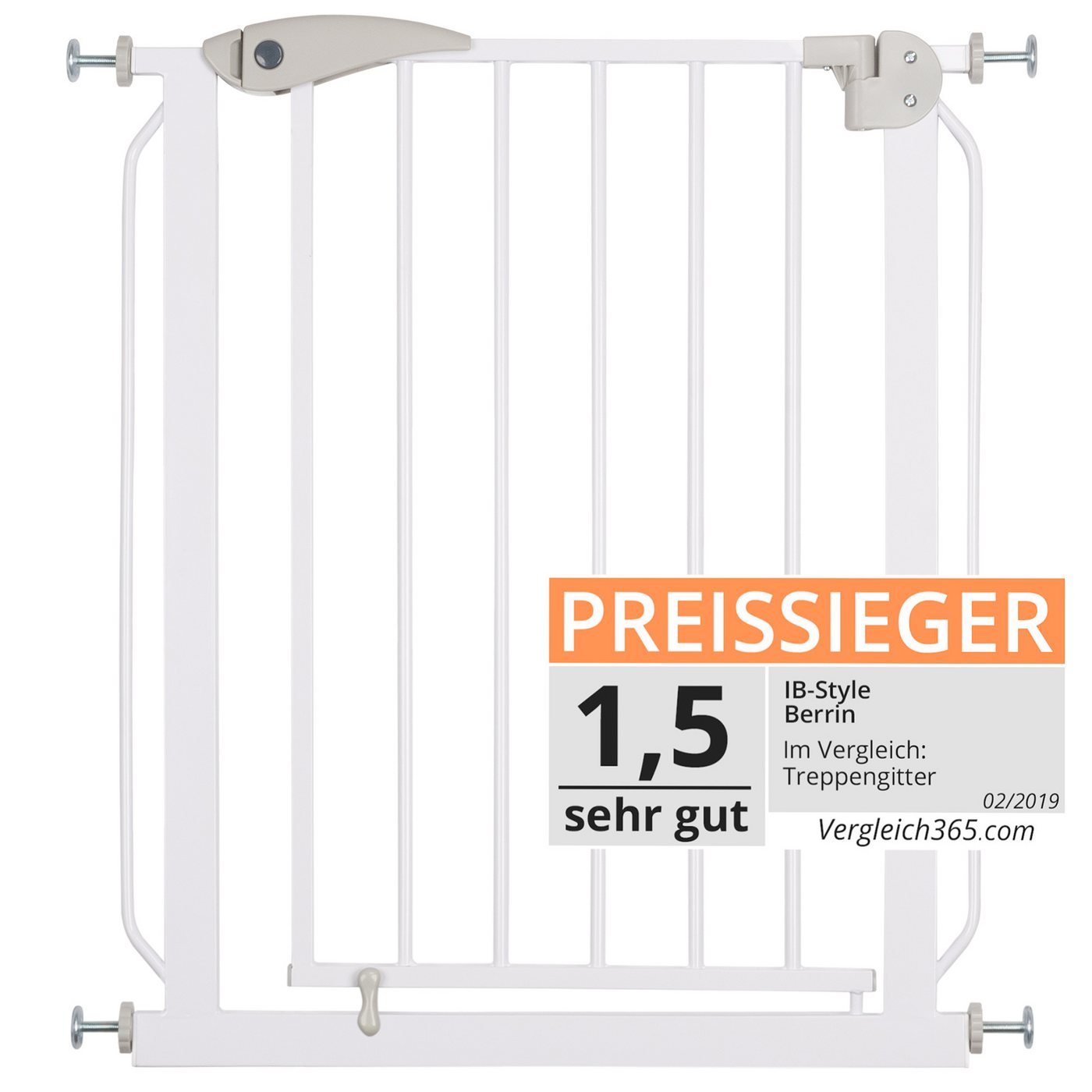 ib style Türschutzgitter Berrin S Treppengitter 67-75 cm weiß-grau, Ohne Bohren, Sicherheitsgitter für Türen und Treppen, Zum Klemmen von ib style