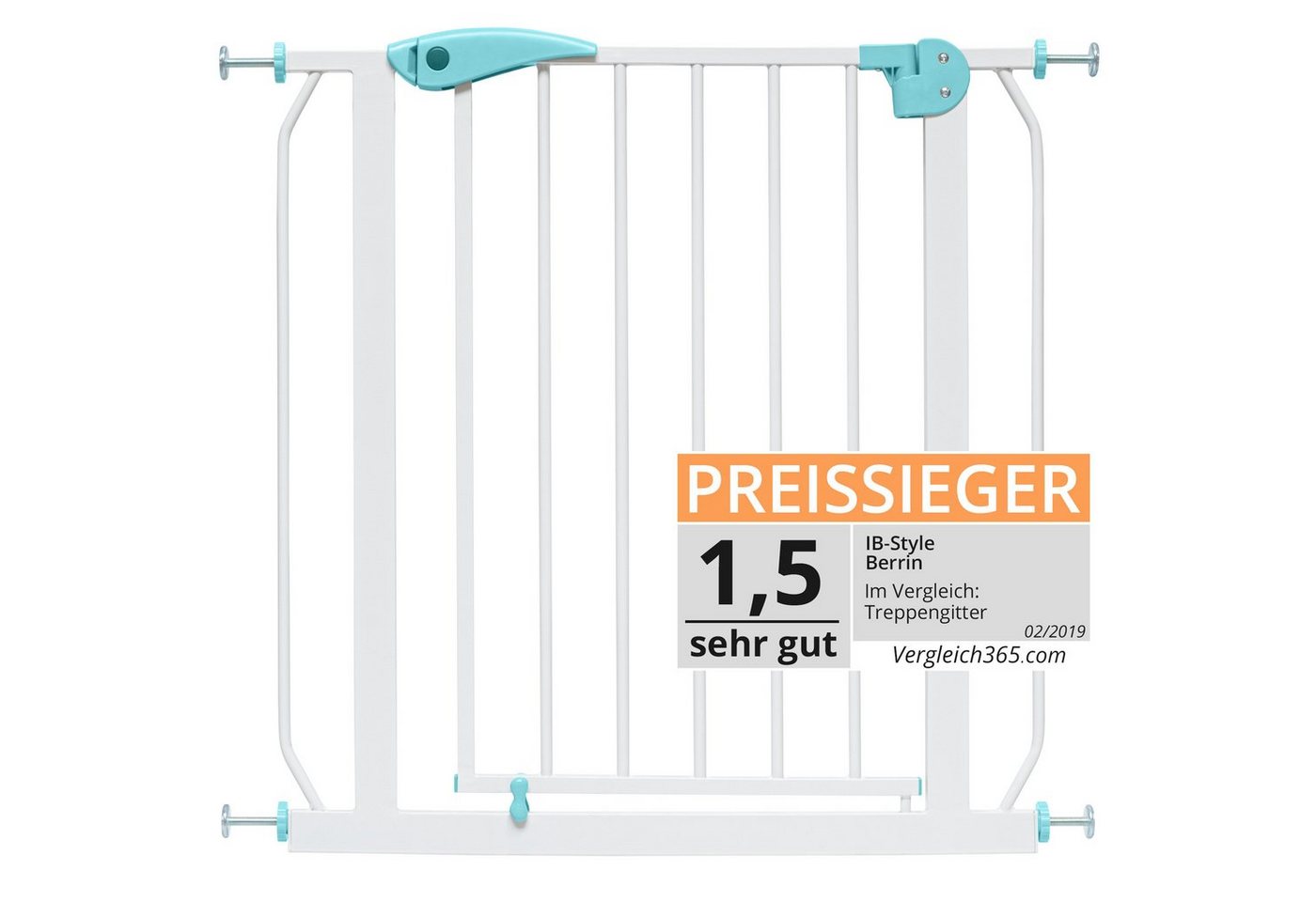 ib style Türschutzgitter Berrin Treppengitter 105-115cm weiß-türkis, Ohne Bohren, Sicherheitsgitter für Türen und Treppen, Zum Klemmen von ib style