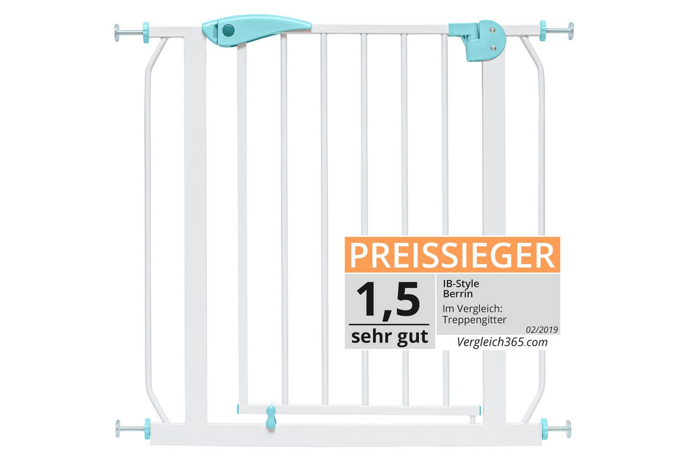 ib style Türschutzgitter Berrin Treppengitter 105-115cm weiß-türkis inkl. Y-Adapter, Ohne Bohren, Sicherheitsgitter für Türen und Treppen, Zum Klemmen von ib style