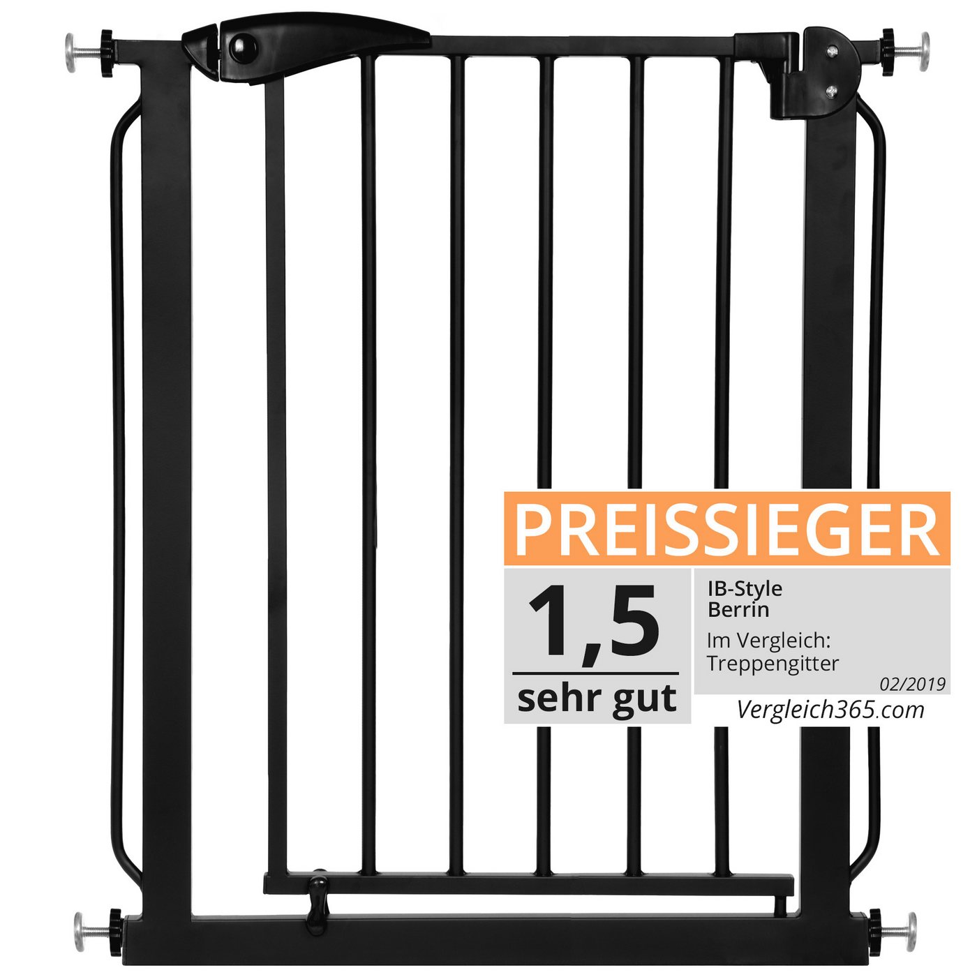 ib style Türschutzgitter Treppengitter Berrin 120-130 cm schwarz, Sicherheitsgitter, Ohne Bohren, Zum Klemmen, Auto-Close, 90° Stopp von ib style