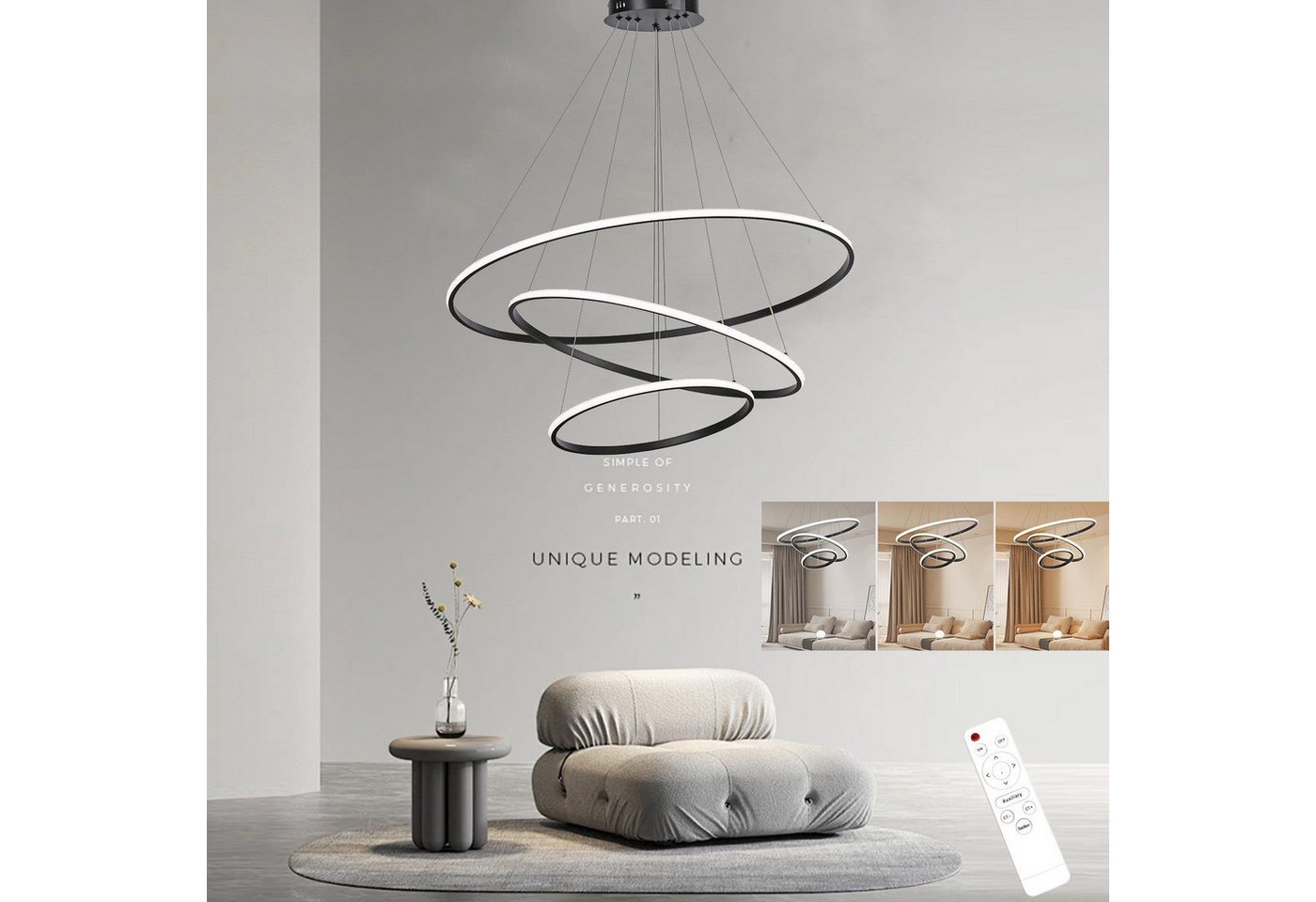 ibettertec Deckenleuchten LED Hängelampe Esstisch,LED Hängeleuchte Pendellampe Wohnzimmer, LED fest integriert, 65W, Lest integriert,Kreative 3 Ringe mit Strahler Deckenleuchte,Stufenlos dimmbare, Kaltweiß, Warmweiß, Neutralweiß, Höhenverstellbar,Dimmbar Hängeleuchte Aluminium Mit Fernbedienung ibettertec Deckenleuchten LED Hängelampe Esstisch,LED Hängeleuchte Pendellampe Wohnzimmer, LED fest integriert, 65W, Lest integriert,Kreative 3 Ringe mit Strahler Deckenleuchte,Stufenlos dimmbare, Kaltweiß, Warmweiß, Neutralweiß, Höhenverstellbar,Dimmbar Hängeleuchte Aluminium Mit Fernbedienung von ibettertec