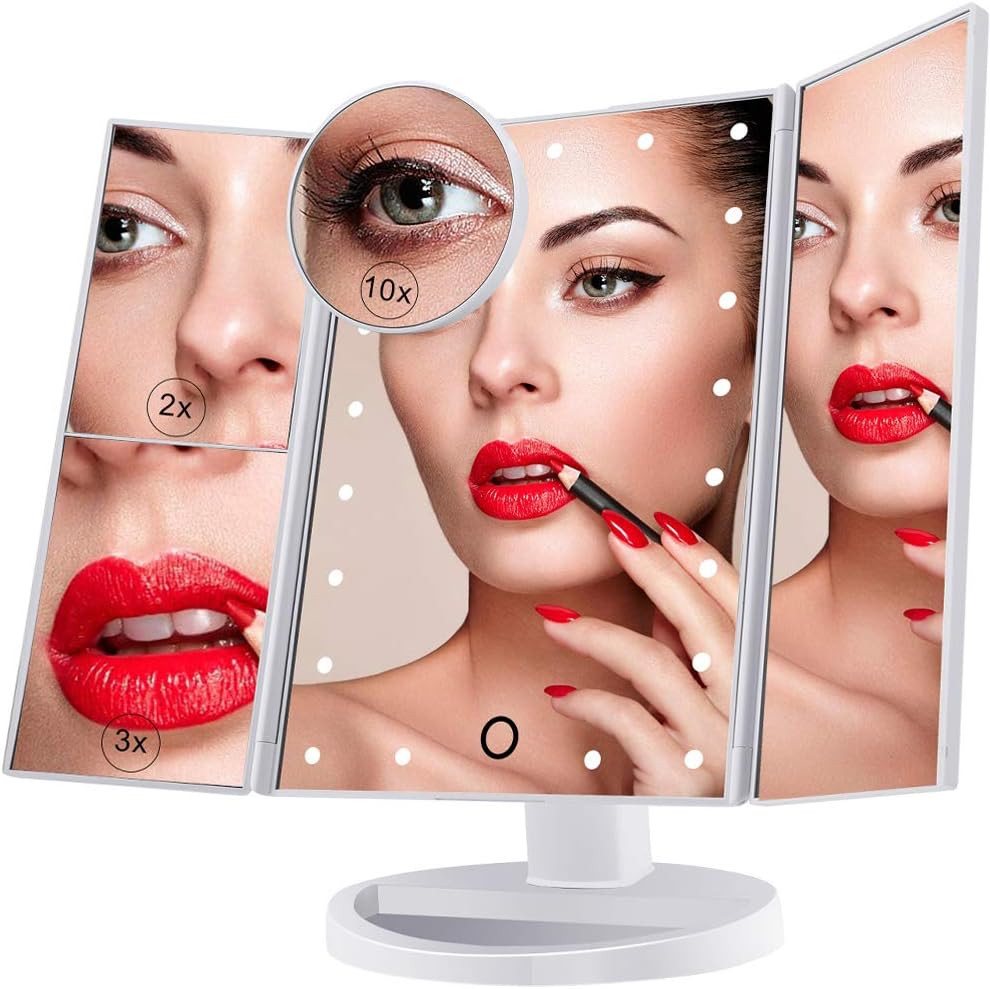 ibettertec Kosmetikspiegel Schminkspiegel mit LED Beleuchtung,Tischspiegel (10X/3X/2X/1X Vergrößerung Faltbarer 3 Seiten Kosmetikspiegel mit Touch Dimmbar Licht), Batteriebetrieben Order USB Aufladen dimmbarer Makeup Mirror von ibettertec