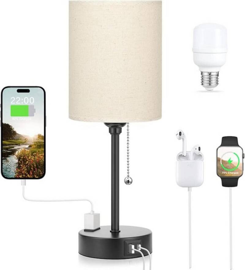 ibettertec LED Nachttischlampe Nachtlicht, Schreibtischlampe, Schlafzimmerleuchte, mit USB-A-USB-C-Ports und 2-Prong AC-Steckdose, Pull Chain Tischleuchte,Dreifarbiges Licht einstellbar von ibettertec