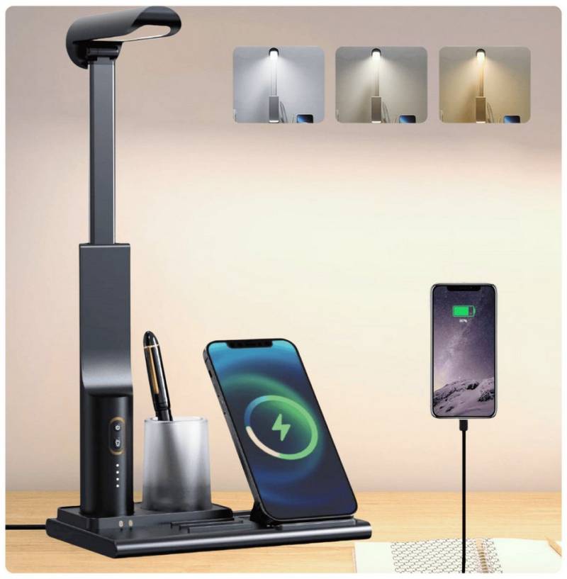 ibettertec LED Schreibtischlampe LED Dehnbar Tischlampe mit 15W Wireless Charging, mit Stifthalter, LED fest integriert, 3 Farbtemperaturen Nachtlicht, Nachttischlampe von ibettertec