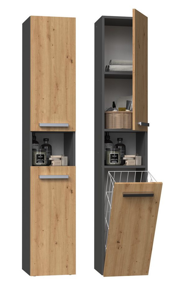 ibonto Hochschrank Badezimmerschrank mit Korb & flexibler Türöffnung - Platzsparend von ibonto