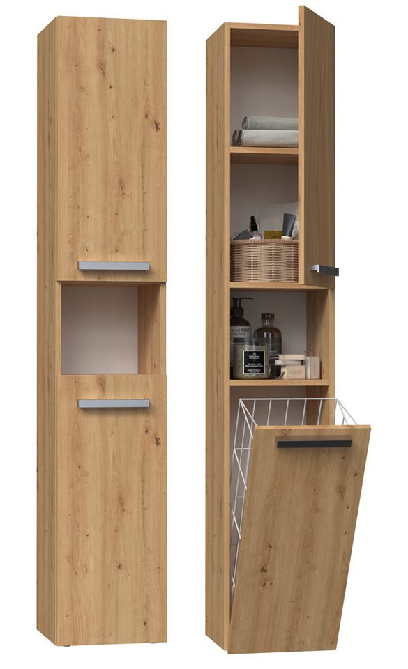 ibonto Hochschrank Badezimmerschrank mit Korb & flexibler Türöffnung - Platzsparend von ibonto