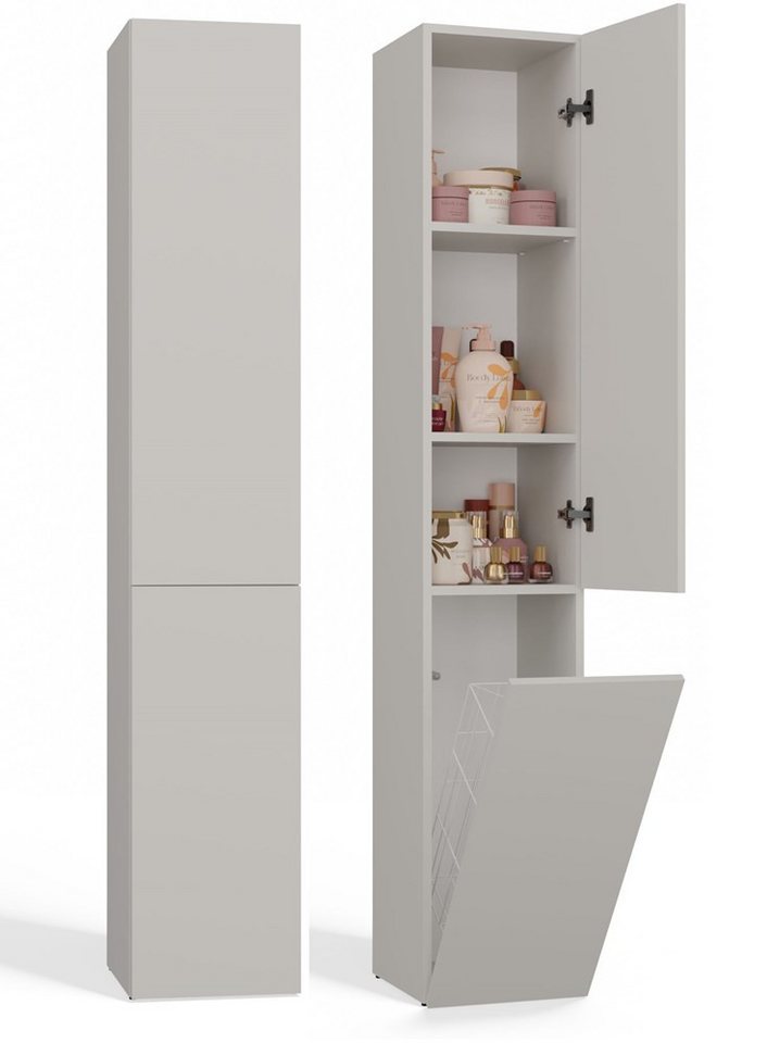 ibonto Hochschrank Badezimmerschrank ohne Griff – Hochschrank mit Wäschekorb, Tip-On von ibonto