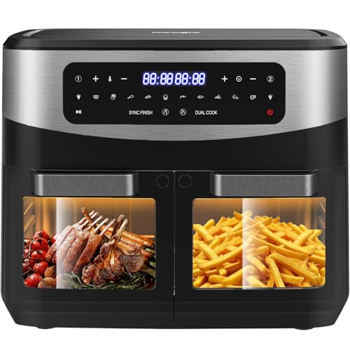 Iceagle Heißluftfritteuse Doppelkammer Airfryer 12L - Heissluftfriteuse XXL Friteuse mit Sichtfenster, LED Touchscreen, 2 Fächer, 10 Programmen, Sync Finish & Dual Cook, Dörrer Funktion, 2600W von iceagle