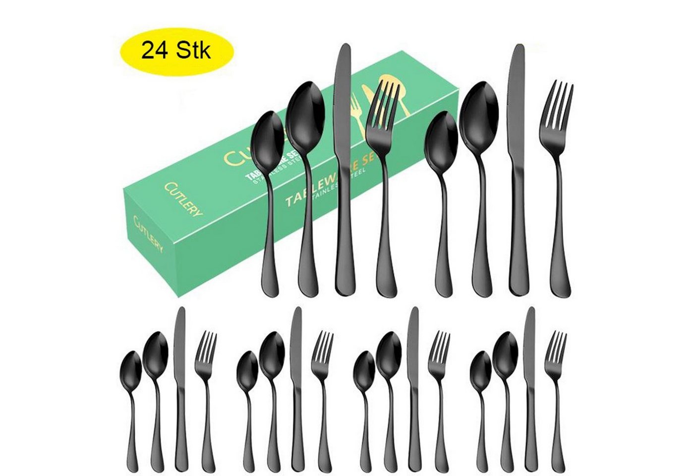 iceagle Besteck-Set 24 Stück Besteck Set, Schwarz Mattiert Essbesteck Set für 6 Personen, Lebensmittelqualität, hart und scharf, nicht leicht zu verformen von iceagle