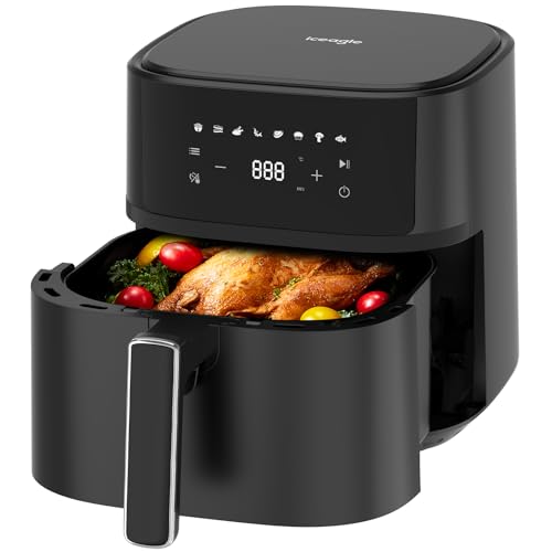 Iceagle Heißluftfritteuse 6,5L Airfryer XL - 1700W Friteuse ohne Öl mit Metall-Innenraum | Heissluftfriteuse Air Fryer, 8 Programmen, Digitales Display, Timer, Benutzerfreundlich, 80-200°C, Rezeptbuch von iceagle