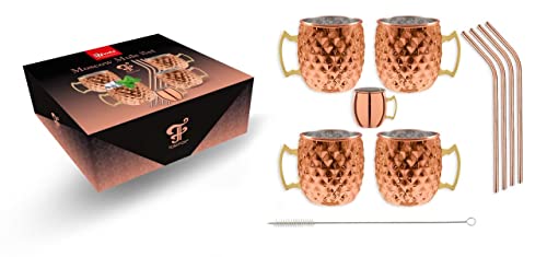 ich-zapfe 450 ml Diamond Moscow Mule Becher Set Kupfer 4er Set Kupferbecher, 4 Trinkhalme, 1 Mini Moscow Mule Jigger & Shot, 1 Reinigungsbürste für Strohhalme, um Gin Vodka Cocktails zu Genießen von ich-zapfe