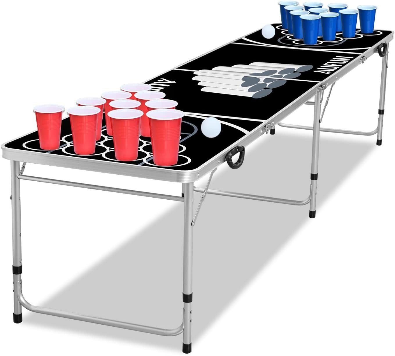 ich-zapfe Gamingtisch Bierpong Tisch für Partys mit 100 Bechern, 5 Bällen, 242x62 cm schwarz von ich-zapfe