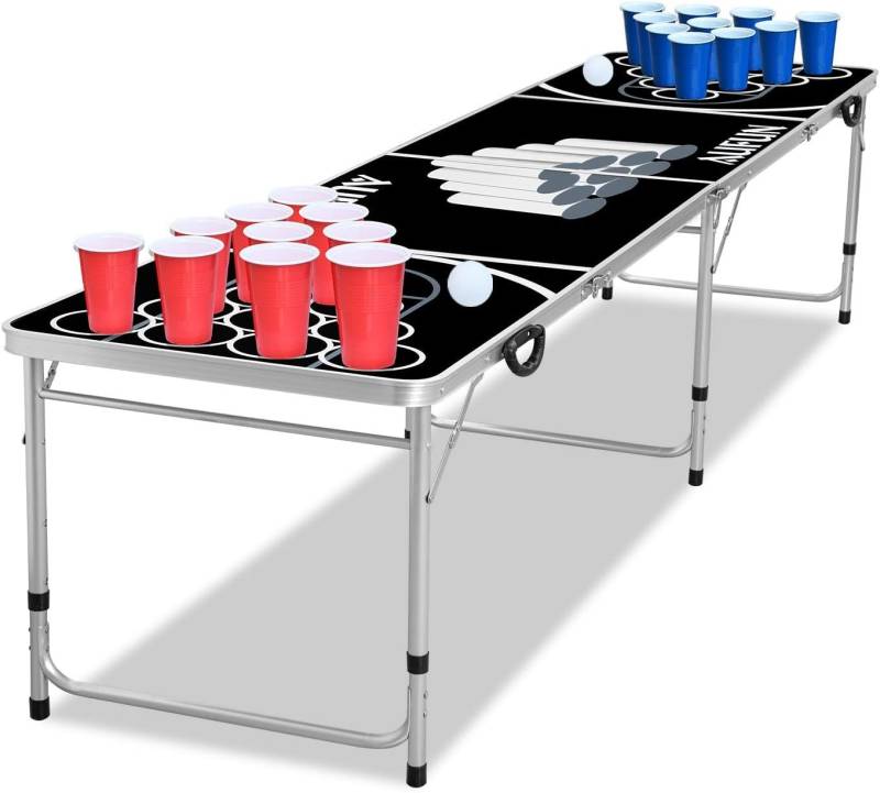 ich-zapfe Gamingtisch Bierpong Tisch für Partys mit 100 Bechern, 5 Bällen, 242x62 cm schwarz von ich-zapfe