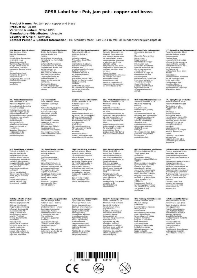 ich-zapfe Kochtopf Topf, Marmeladentopf - Kupfer und Messing, Durchmesser: 30 cm von ich-zapfe