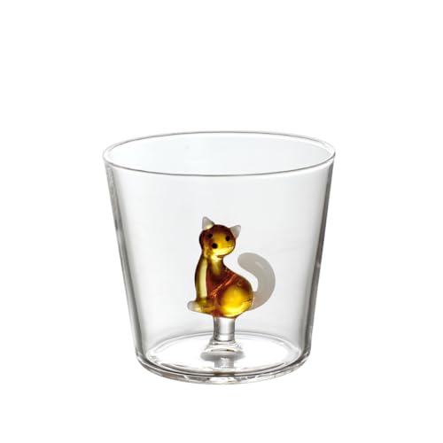 Ichendorf Milano Katzen-Tumbler, Bernstein mit Weißem Schwanz, Kollektion Tabby Cat, 35 cl, Borosilikatglas, Handgefertigt von Ichendorf Milano