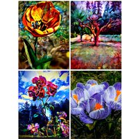 Atemberaubendes 4-Teiliges Set Im Garten Blumen Whimsical Canvas Original Handarbeit Kunstfarbe Natur Erde Bäume Planet Schönheit Magie von icreatewithjoy