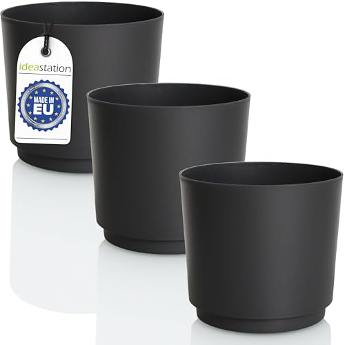 idea-station MATA Blumentopf Set 3 x 14.5 cm - 1.8 Liter - anthrazit - bruchsichere Blumentöpfe aus Plastik für verschiedenste Pflanzen, Blumen - Matte Übertöpfe für innen und außen von idea-station