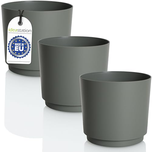 idea-station MATA Blumentopf Set 3 x 14.5 cm - 1.8 Liter - grün-grau - bruchsichere Blumentöpfe aus Plastik für verschiedenste Pflanzen, Blumen - Matte Übertöpfe für innen und außen von idea-station
