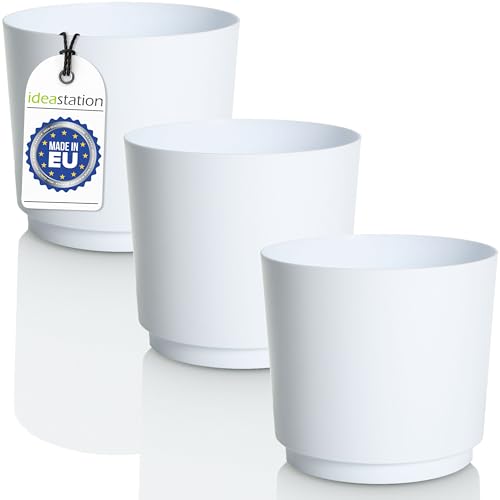 idea-station MATA Blumentopf Set 3 x 14.5 cm - 1.8 Liter - weiß - bruchsichere Blumentöpfe aus Plastik für verschiedenste Pflanzen, Blumen - Matte Übertöpfe für innen und außen von idea-station