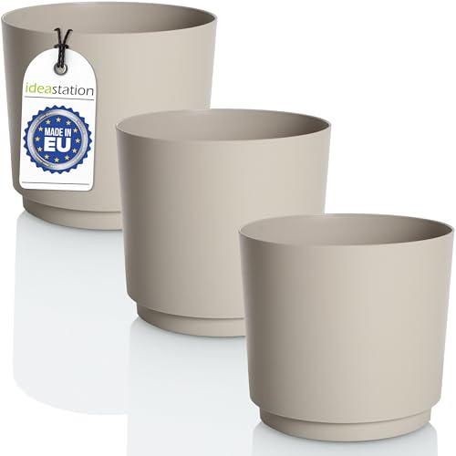 idea-station MATA Blumentopf Set 3 x 17.5 cm - 2.5 Liter - beige - bruchsichere Blumentöpfe aus Plastik für verschiedenste Pflanzen, Blumen - Matte Übertöpfe für innen und außen von idea-station